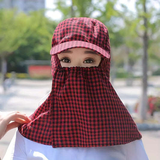 Integrated Hat and Face Mask for Outdoor Cycling - Lightweight, Non-Slip, Checkered Design with Clear Viewing Panel, Perfect for and Tea Gathering, Tea Gathering Hat | Checkered Pattern Hat | Lightweight Ha